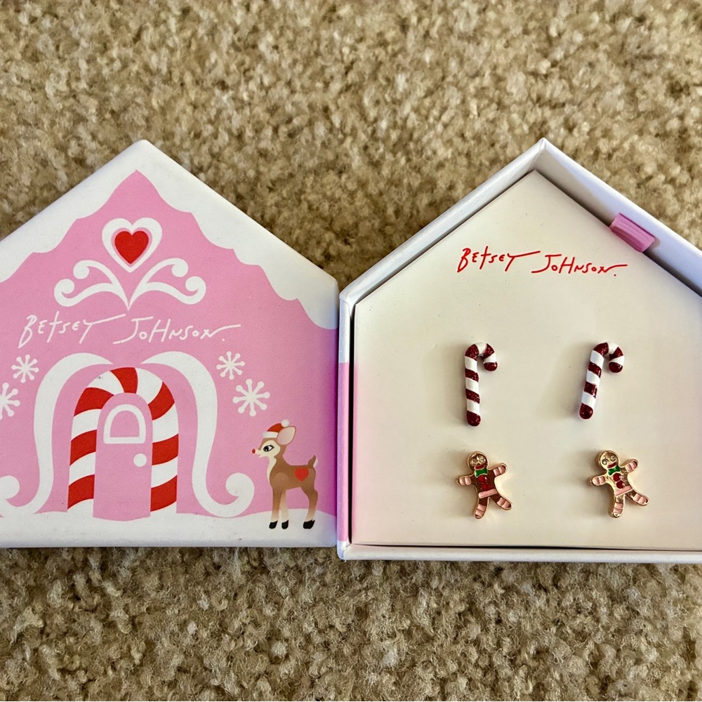 Betsey Johnson Christmas Candy Cane and Gingerbread Earrings Set